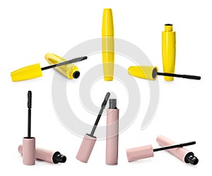 Set with different mascaras on white background