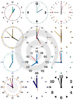 A set of different mechanical clocks with an image of each of the twelve hours