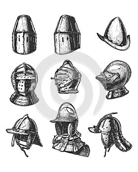 Set of different medieval military helmets photo