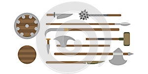 Set of different medieval weapons vector flat illustrations.