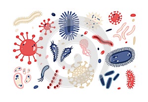 Set of different microorganisms isolated on white background. Collection of infectious germs, protists, microbes. Bundle