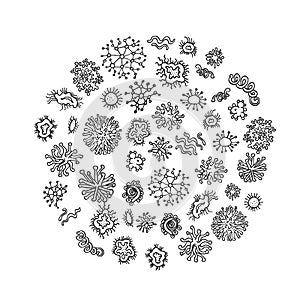 Set of different microorganisms isolated on white background. Collection of infectious germs, protists, microbes. Bundle