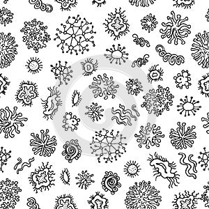 Set of different microorganisms seamless pattern background. Collection of infectious germs, protists, microbes. Bundle