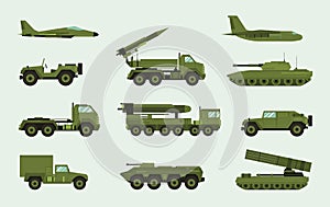 Set of different military transport. Modern equipment collection fighting machine, air defense, car, truck, tank