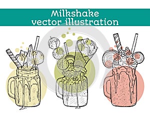 Set of different milkshakes. Chocolate, strawberry, vanilla and candy milkshakes. Vector sketch illustration