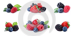 Set of different mixed berries on background, banner design