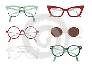 Set of different modern eye glasses flat vector illustration isolated on white background