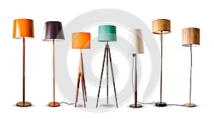 Set of different modern hanging lamps isolated on white background. Idea for interior design. Generative Ai