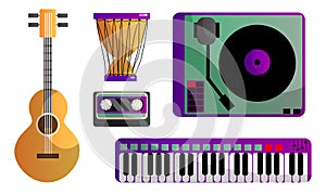 Set of different modern musical instruments and tools for playing and listening. Vector illustration in flat cartoon