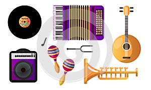 Set of different modern musical instruments and tools for playing and listening. Vector illustration in flat cartoon