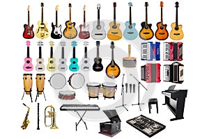 Set of different musical instruments isolated on white background