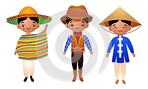 Set of different nationality men wearing traditional ethnic clothing. Vector illustration in flat cartoon style.