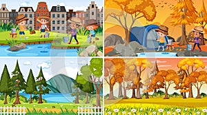 Set of different nature scenes background in cartoon style