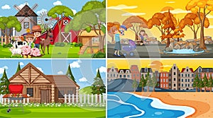 Set of different nature scenes cartoon style