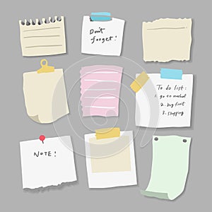 Set of different note papers on isolated background.Vector illustration