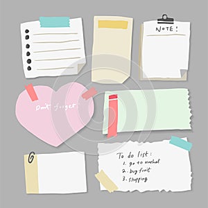 Set of different note papers on isolated background.Vector illustration