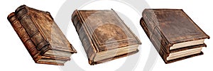 Set of different old books isolated on transparent background. Concept of interest in stories. Side view. Closed set of