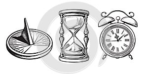 Set of different old clocks. Sundial, Hourglass, Alarm clock. Black and white hand drawn sketch vector.