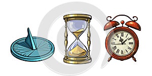 Set of different old clocks. Sundial, Hourglass, Alarm clock. Hand drawn vector illustration in vintage style.