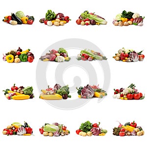 Set of different organic vegetables on white