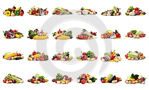 Set of different organic vegetables on white