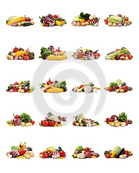 Set of different organic vegetables on white