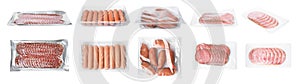 Set with different packed sausages on background. Banner design
