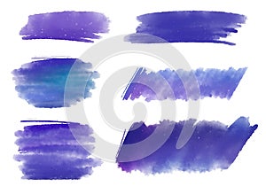 Set of different paint brush strokes in purple blue colors isolated on white background. Artistic design elements, grungy and