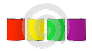 Set of different paint cans on white background