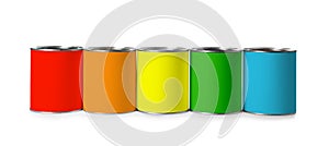 Set of different paint cans on white background.