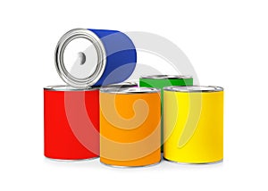 Set of different paint cans on white background