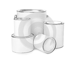 Set of different paint cans on white. Mockup for design