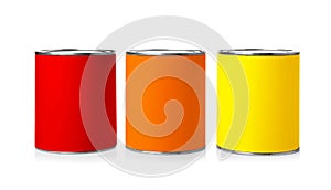 Set of different paint cans on white background