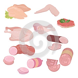 Set of different parts of meat products. Chicken, sausages, sausage, bacon and others