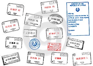 Set of different passport visa stamps photo