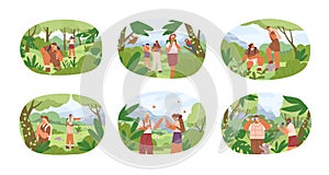 Set of different people exploring nature vector flat illustration. Collection of man and woman explorers contemplate to