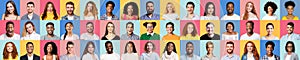 Set Of Different People Faces On Colorful Studio Backgrounds