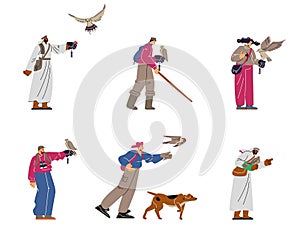 Set of different people with falcons flat style, vector illustration