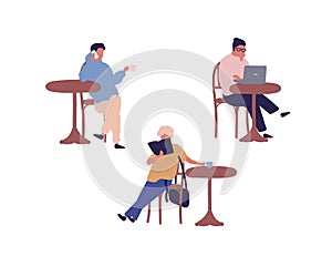 Set of different people sitting at street cafe vector flat illustration. Collection of men and women talking smartphone