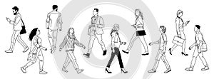 Set of different people walking line art drawing.