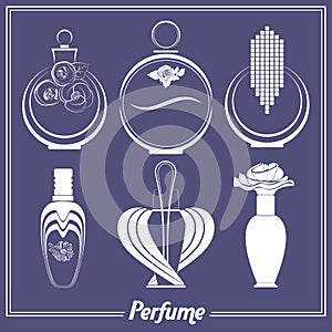 Set of different perfume bottles, vials,