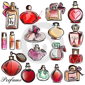 Set of different perfumes. Elegant vector illustration