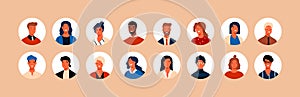 Set different person portrait of big diverse business team vector flat illustration. Collection of people avatars