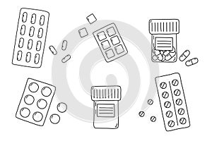 Set of different pills in packages and bottles, doodle style flat vector outline for coloring book