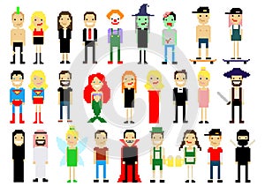 Set of different pixel art characters on white. Vector illustration. People icons. Halloween. Magic