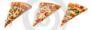 Set of different pizza slices isolated on a white or transparent background. Falling pizza slices, crumbs and