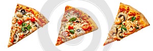 Set of different pizza slices isolated on a white or transparent background. Pizza slices with various ingredients, top