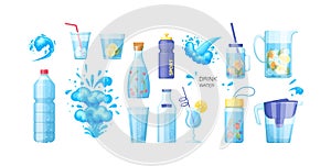 Set of different plastic and glass water packaging