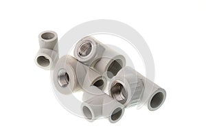 Set of different plastic PPR T shape with metal thread fitting for water pipes, isolated on white background