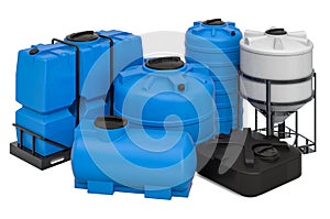 Set of different plastic tanks for water and other liquid, 3D rendering